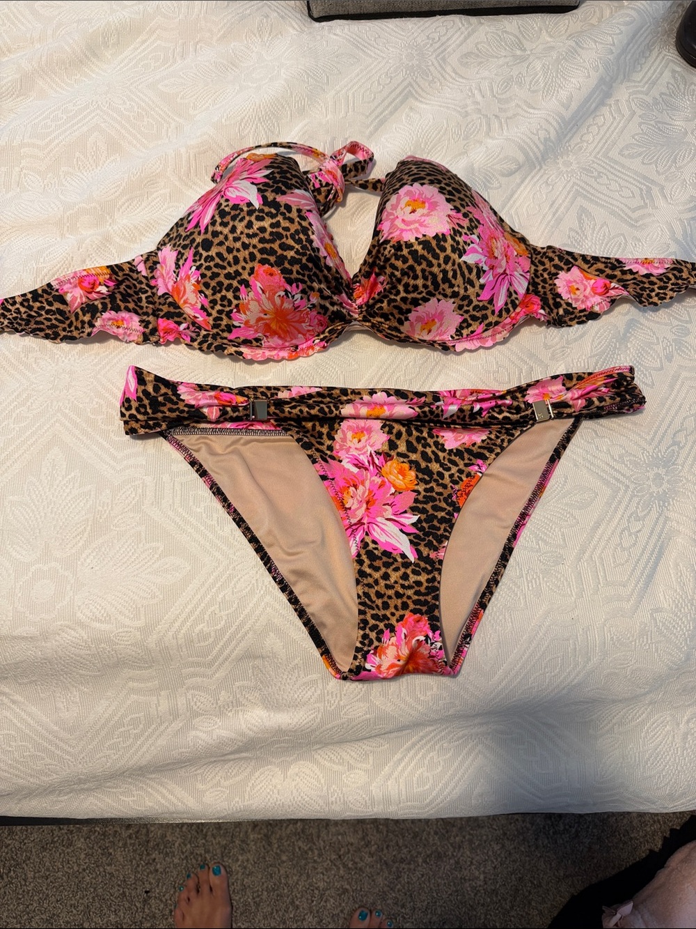 Victoria's Secret Leopard & Neon Floral Bikini Bottoms - Pink 2pc